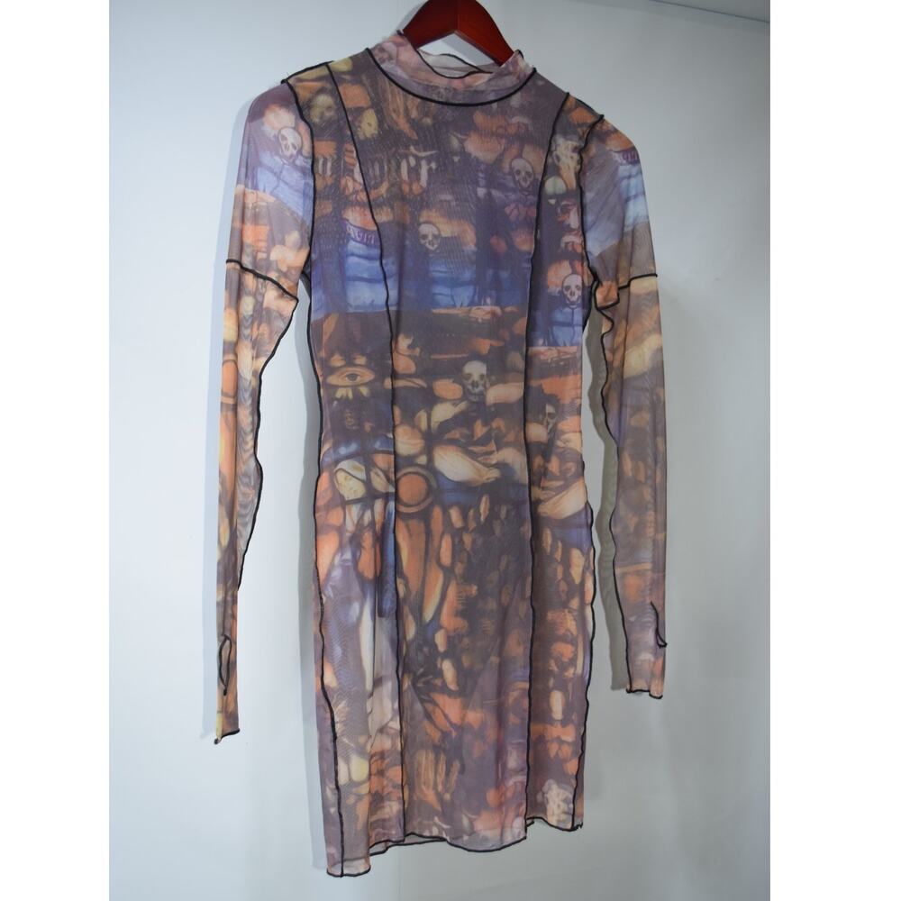 Gary Wood Sheer Mesh Skull Print Mini Dress Small Long Sleeve Goth Y2K NWT